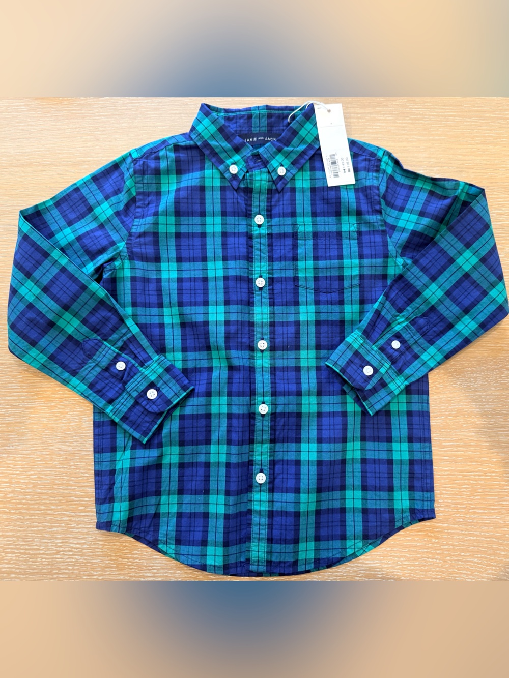 Janie and Jack Boys Navy & Green Plaid Button-Down Shirt- size 4 - NWT